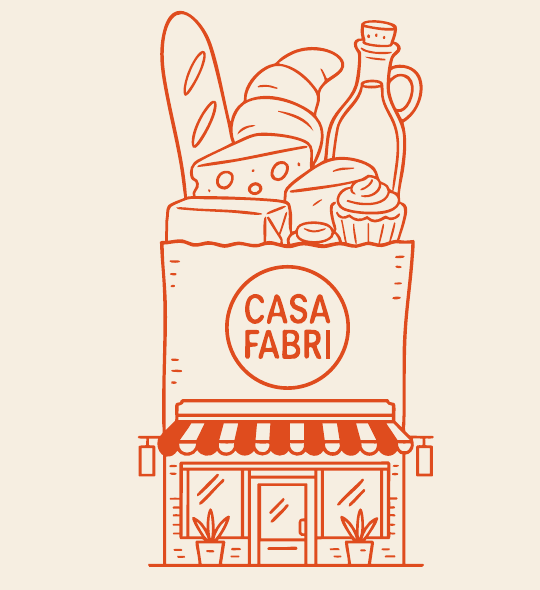 Ilustração de uma sacola com pão, queijo e azeite diante da fachada da Casa Fabri